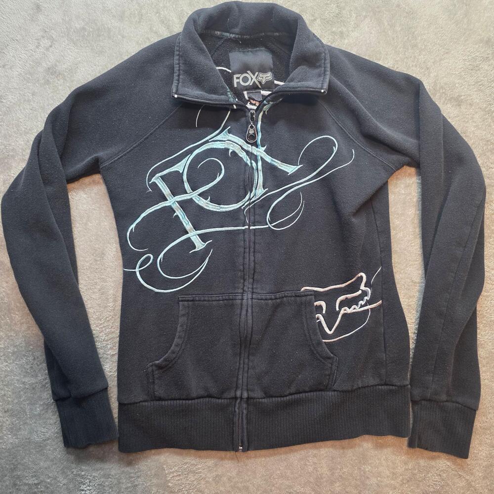 Fox Sweatshirt Womens M Black Fleece Full Zip Script Graphic Logo Pocket Casual
